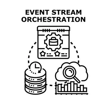 Event stream orchestration managing data processing workflow Stockillustratie