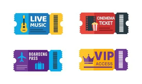 Event ticket template set with VIP concert cinema and travel passes Stock Illustration