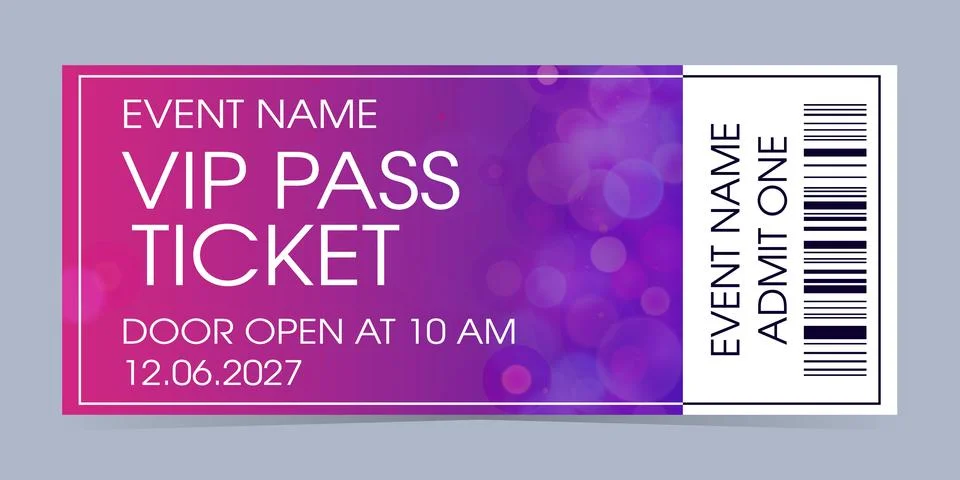 Event ticket vector template. Concert, party or festival ticket design template. Illustrazione stock