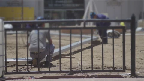 Event workers dismantling exhibition Stock Footage 328309746
