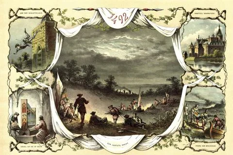 Events around the year 1492. Main image shows soldiers in a field camp under a Stock Illustration