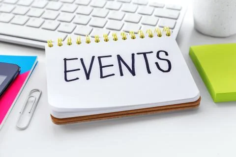 Events word on notebook with computer keyboard for event planning concept Stock Photos