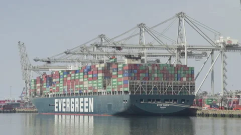 Ever Given Ship at Rotterdam Container Terminal, Unloading, Suez Canal Blockage Video stock 224784738