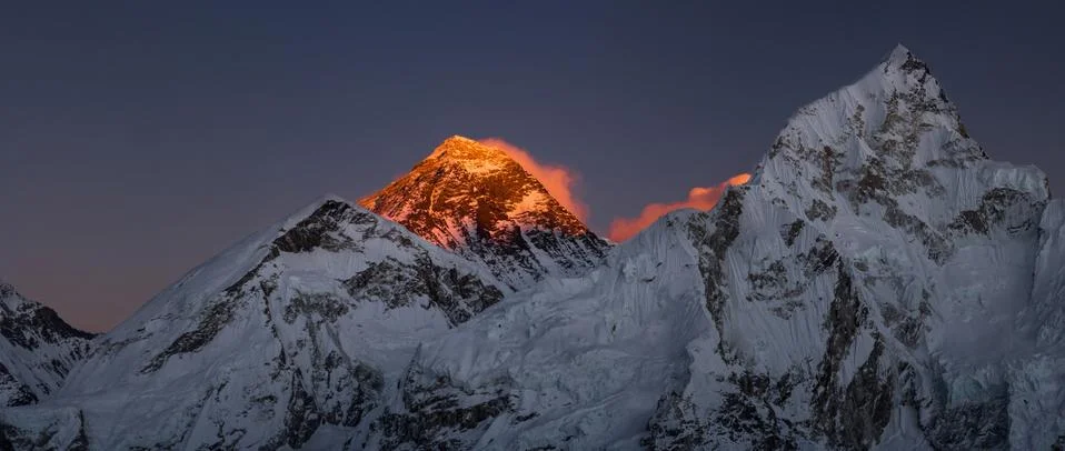 Everest summit panoramic view nutpse at sunset Stock Photos