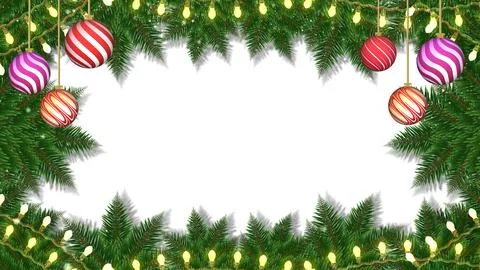 Evergreen branches and strings of lights create a holiday border. Stock Illustration
