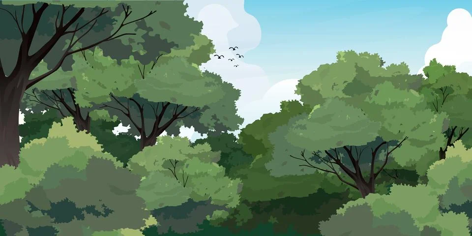 Evergreen forest trees, clouds and sky worm's eye view background. Stock Illustration
