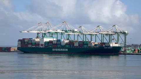Evergreen Lines Container Ship Unloadin... | Stock Video | Pond5