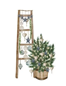 Evergreen pine tree in rustic pot with christmas lights,pine cone, firry. Wat Stock Illustration