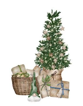 Evergreen pine tree in rustic pot with christmas lights,pine cone, firry. Wat 库存插图
