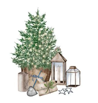 Evergreen pine tree in rustic pot with christmas lights,pine cone, firry. Wat イラスト素材