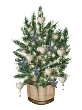 Evergreen pine tree in rustic pot with christmas lights,pine cone, firry. Wat 库存插图
