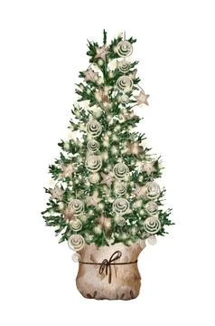 Evergreen pine tree in rustic pot with christmas lights,pine cone, firry. Wat 库存插图