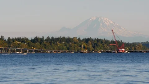 Evergreen Pointe Floating 520 Bridge with Mount Rainier, Lake Washington. Stock Footage 98011393