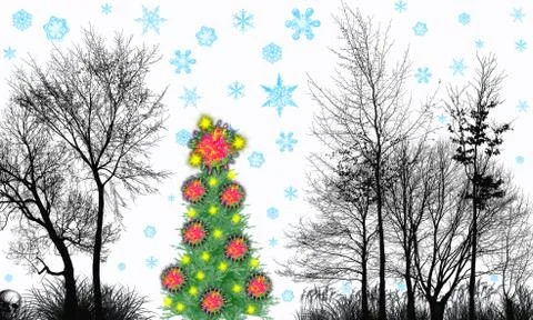 Evergreen tree in dead winter forest decorated with rainbow balls of coronavi Stock Illustration