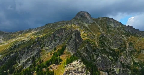 Evergreen Trees Growing On A Sharp Cliff In Rila Mountain Range Bulgaria Aerial Video stock 300446629