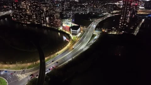 Everning night Busy traffic  road network overhead aerial East London 4K footage Stock Footage 322931659