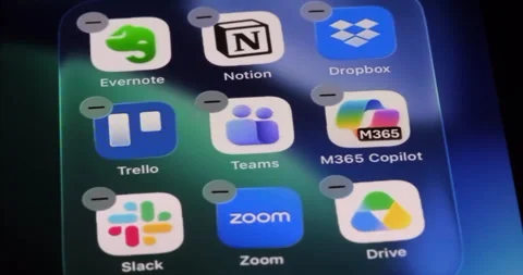 Evernote, Notion, Dropbox, Trello, Teams, M365 Copilot, Slack, Zoom, Drive Vídeos de archivo 341868743