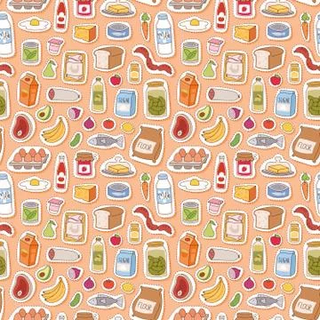 Everyday food icons patchwork vector seamless pattern Stock Illustration