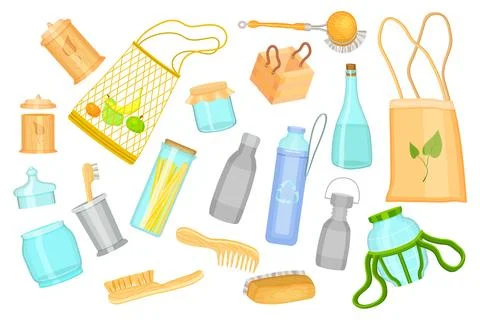 Everyday goods, kitchen elements in cartoon style, use natural materials, no Stock Illustration