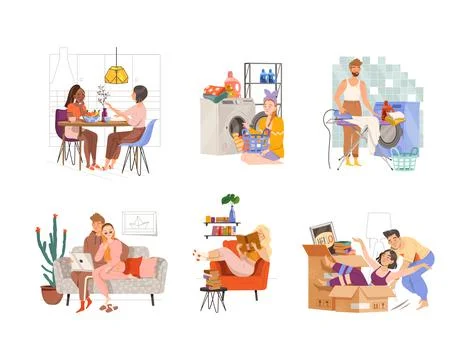 Everyday life routine scenes set. People meeting friends, doing laundry, ironing Stock Illustration