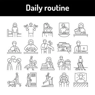 Everyday routine line icons set. Isolated vector element. Stock Illustration