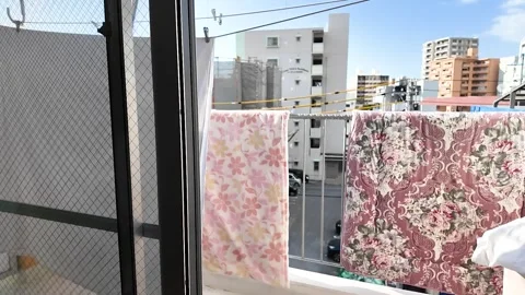 Everyday Simplicity in Okinawa: Futon Drying Under Tropical Skies Stock Footage 299973324