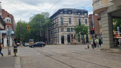 Everyday street scene at an intersection in Sofia’s historic center, Bulgaria Stock Footage 327546378