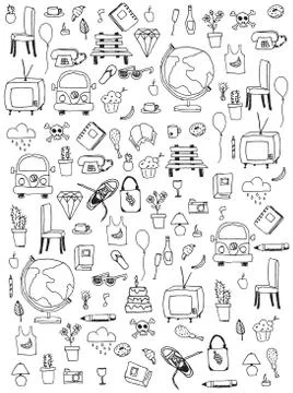 Everyday things, handdrawn, black and white Illustrazione stock