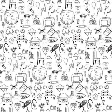 Everyday things, handdrawn, black and white, seamless pattern Stock Illustration