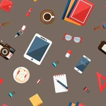 Everyday things Seamless Pattern, Tablet, Smartphone, Camera, Notebook, Key Stock Illustration