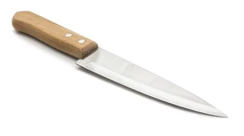 Everyday tool in kitchen. Sharp knife with wooden handle on white background Foto stock