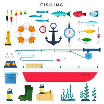 Everything for fishing, set of elements isolated on white. Vector flat 스톡 일러스트