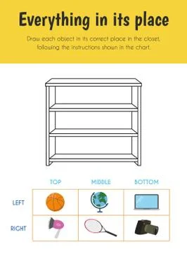 Everything in its place Educational Sheet. Primary module for Spacial Underst Stock Illustration