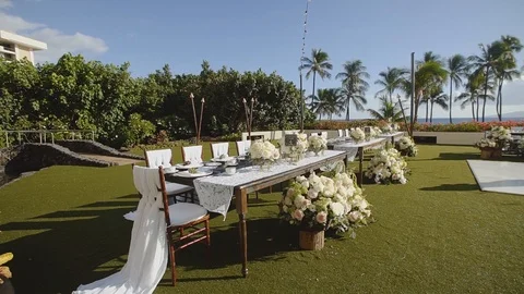 Everything is set and ready for the wedding party on ocean shore of resort hyatt Stock Footage 101116408