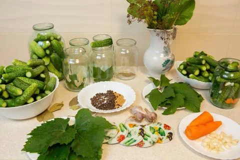 Everything on the table is ready for canning cucumbers Stock Photos