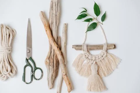 Everything for weaving macrame, rope, scissors and sticks Stock Photos