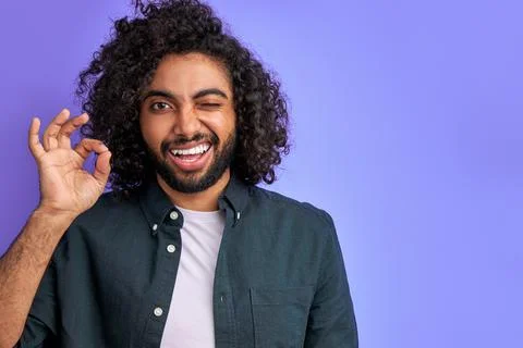 Everything will be OK. curly arabic male show ok gesture Stock Photos