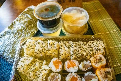 Everything you need to create sushi. Rice, nuri, ginger, soy sauce, wasabi Stock Photos