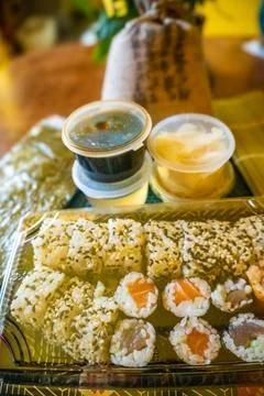 Everything you need to create sushi. Rice, nuri, ginger, soy sauce, wasabi Stock Photos
