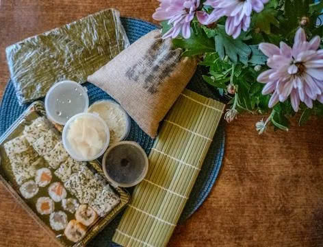 Everything you need to create sushi. Rice, nuri, ginger, soy sauce, wasabi Stock Photos