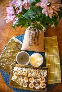 Everything you need to create sushi. Rice, nuri, ginger, soy sauce, wasabi Stock Photos