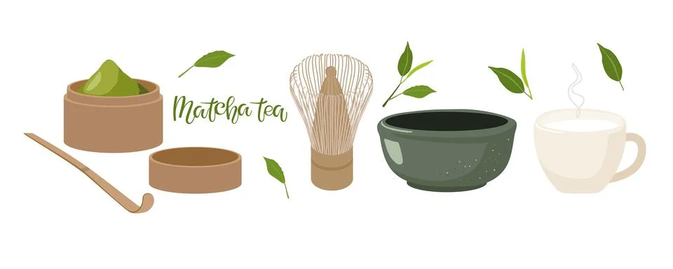 Everything you need to make green tea matcha. Open Bamboo Matcha Canisters full Stock Illustration