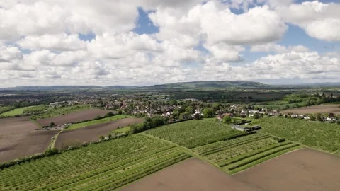 Evesham North Orchards Spring UK Aerial Landscape Worcestershire Stock Footage 154554937