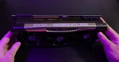 EVGA Geforce RTX 3090 Nvidia GPU unboxed in hand Stock Footage 146558346