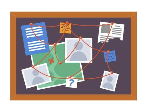 Evidence board with red strings 2D cartoon object Stock Illustration