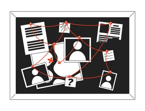 Evidence board with red strings black and white 2D cartoon object Illustrazione stock