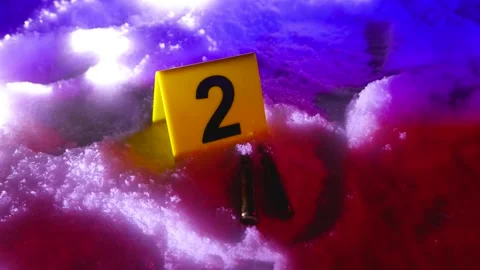 Evidence Marker and Spent Bullet Casings in Snow Crime Scene Night With Stock Footage 331900863