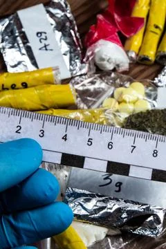 Evidence of smuggling traffic: forensic scale in the hand of an expert agains Stock Photos