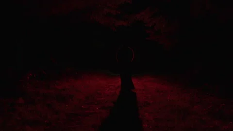 Evil Abstract Figure Moves Through Dark Woods in Ominous Red Lighting at Night Stock Footage 208799570