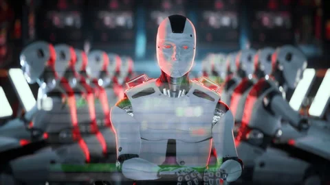 Evil AI Robot With Red Eyes Working Office Jobs with Artificial Intelligence Stock Footage 243940403